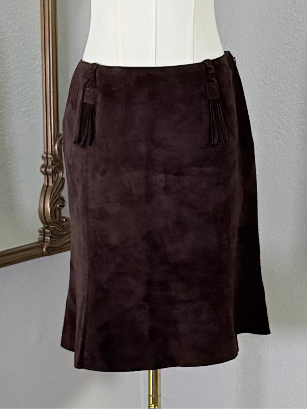 WORTH New York 4 Dark Brown Genuine Suede Leather Tassel Skirt Knee Length
